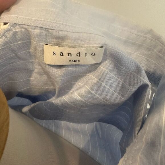 Sandro Blue White Strip Lace Insert Long Sleeve Button Down Blouse Shirt size 2 - Picture 7 of 15